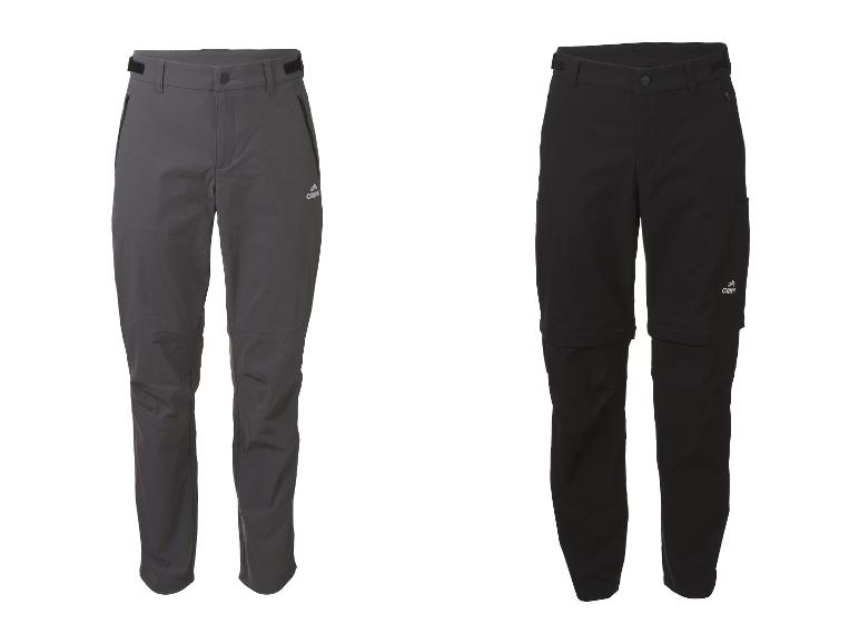 Twee heren outdoorbroeken, één grijs en één zwart, met afritsbare pijpen.