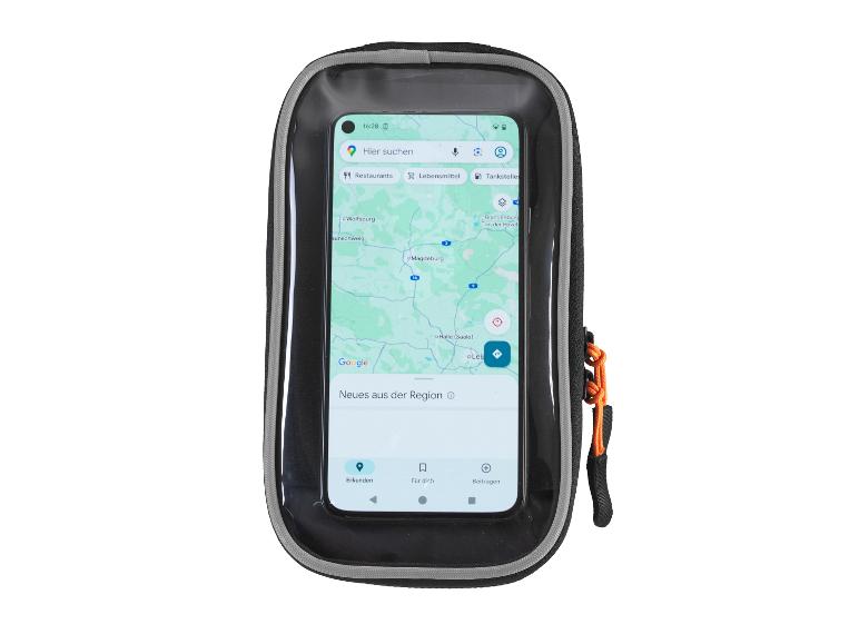 Zwarte telefoonhouder met een smartphone die een kaart toont.