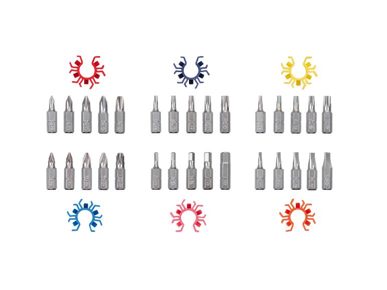Schroevendraaierbitset met diverse maten en typen, waaronder Phillips, Pozidriv, Torx, Hex en sleuf.