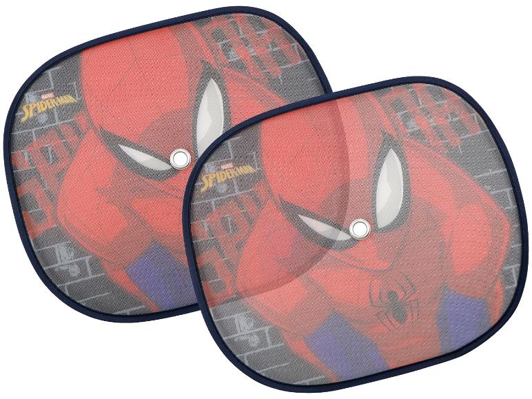 Twee Marvel Spider-Man auto zonneschermen met een bakstenen muur achtergrond.