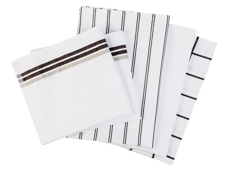 Keukenhanddoeken met strepen en een rand in de kleuren grijs en bruin.