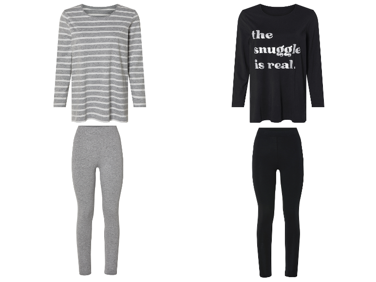 Twee loungewear sets: een grijze gestreepte en een zwarte met tekst.