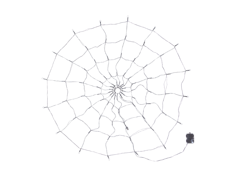LED Halloween spinnenwebverlichting met decoratieve spin en batterijdoos.