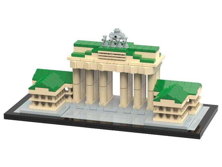 LEGO-model van de Brandenburger Tor, met groene daken en beige zuilen.