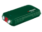 Groene accu met laadindicator en rode knop.