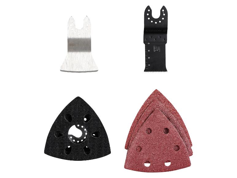 PARKSIDE oscillerende gereedschap accessoires: schraper, zaagblad, schuurpad en schuurpapier.