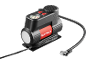 Zwarte en rode autoluchtcompressor met manometer en slang.