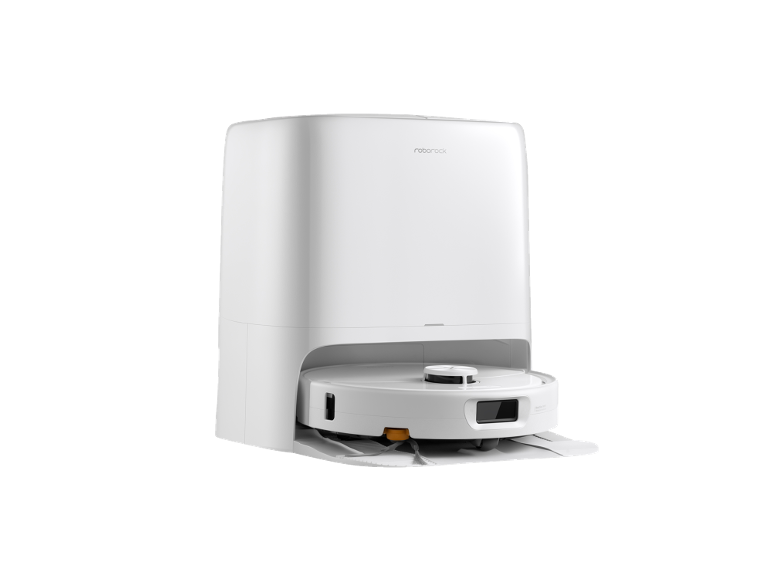 Witte robotstofzuiger met automatisch laadstation.