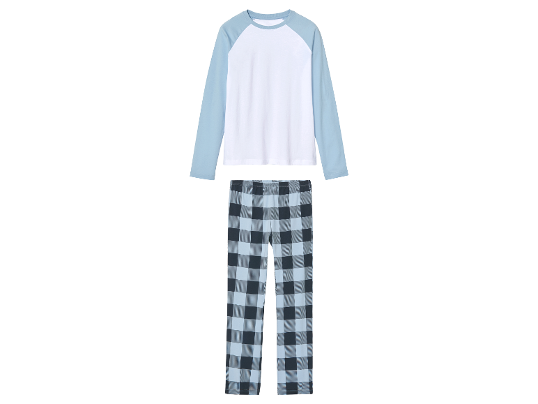Lange pyjama met wit shirt en blauw-zwart geruite broek.