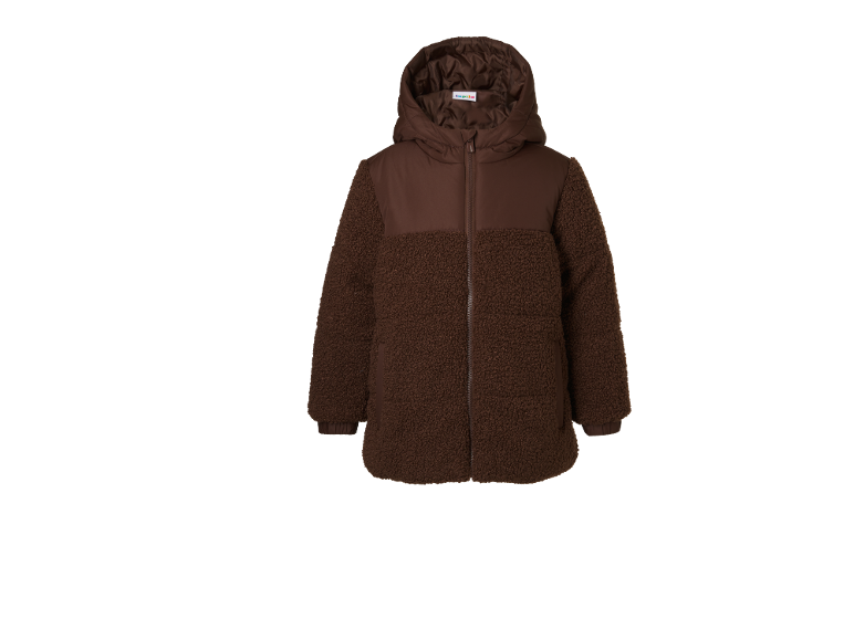 Bruine teddy fleece jas met capuchon en volledige ritssluiting.