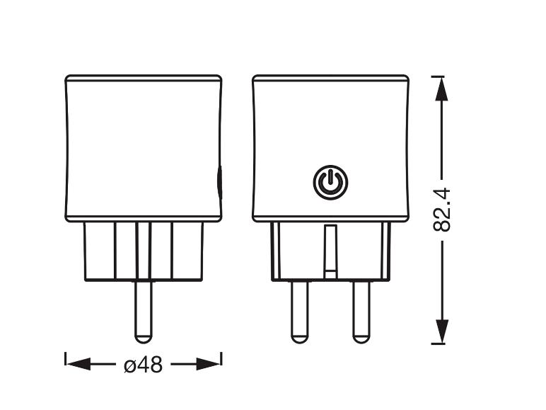 Technische tekening van een slimme stekker met afmetingen: Ø48 en 82.4 mm.