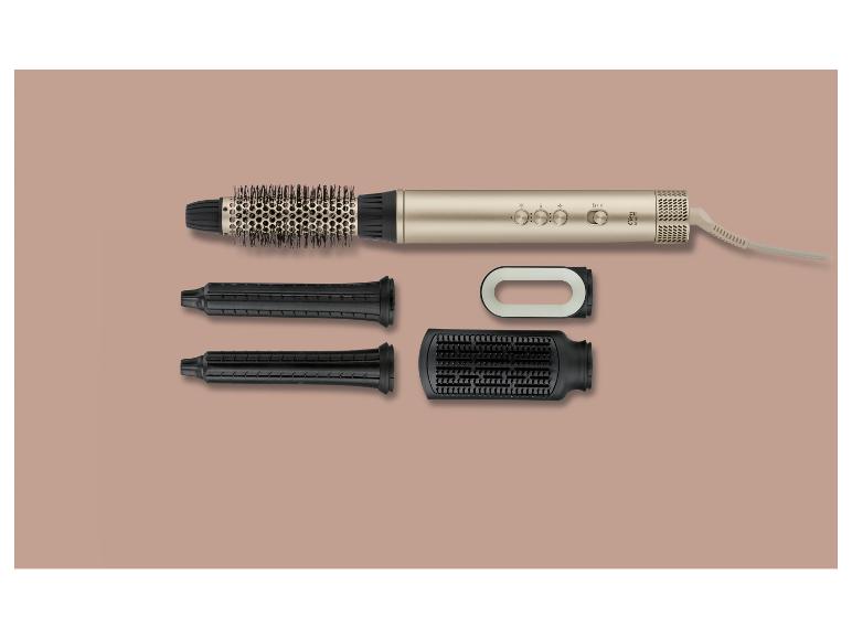 Gouden Cien Beauty föhnborstel met drie verwisselbare opzetstukken en houder.