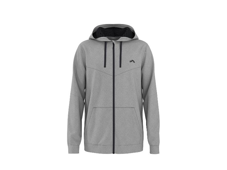 Grijze hoodie met rits en zwart logo op de borst.