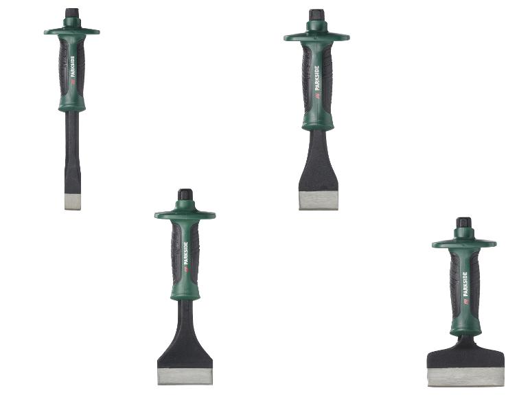 Set van vier beitels met groene handvatten en zwarte grepen