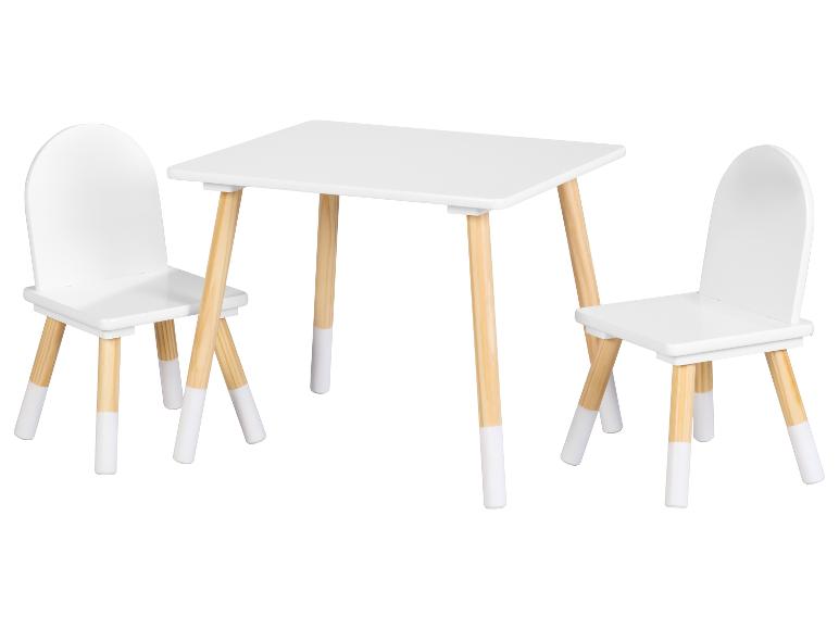 Witte kindertafel en twee stoelen met licht houten poten
