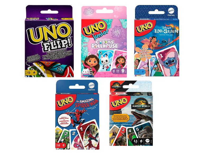 Vijf verschillende UNO-kaartspellen, waaronder Flip, Junior Gabby's Dollhouse, Lilo & Stitch, Spider-Man en Jurassic World.