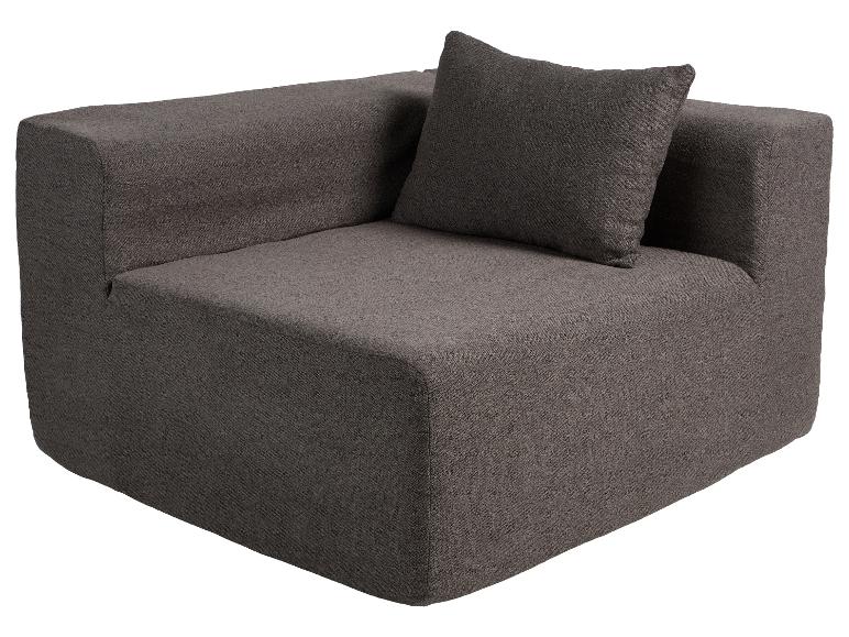 Donkergrijze modulaire hoekbank met een bijpassend sierkussen.