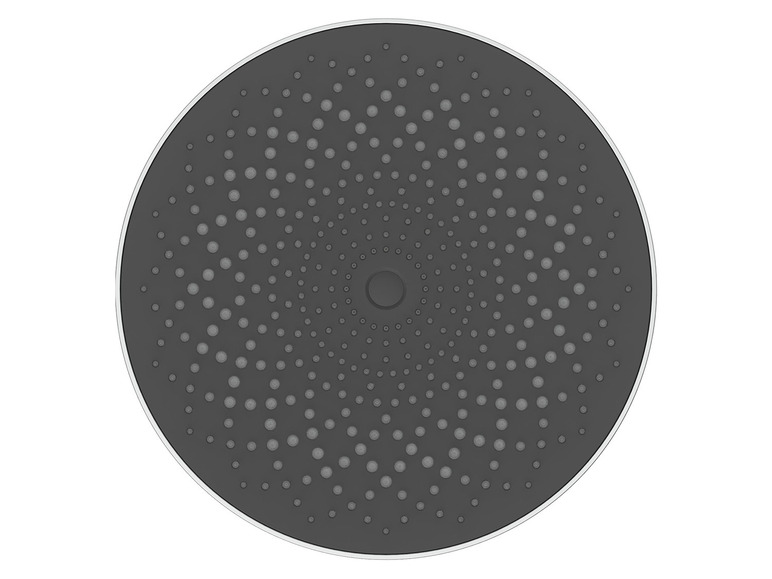Een ronde, zwarte douchekop met een patroon van kleine gaatjes.