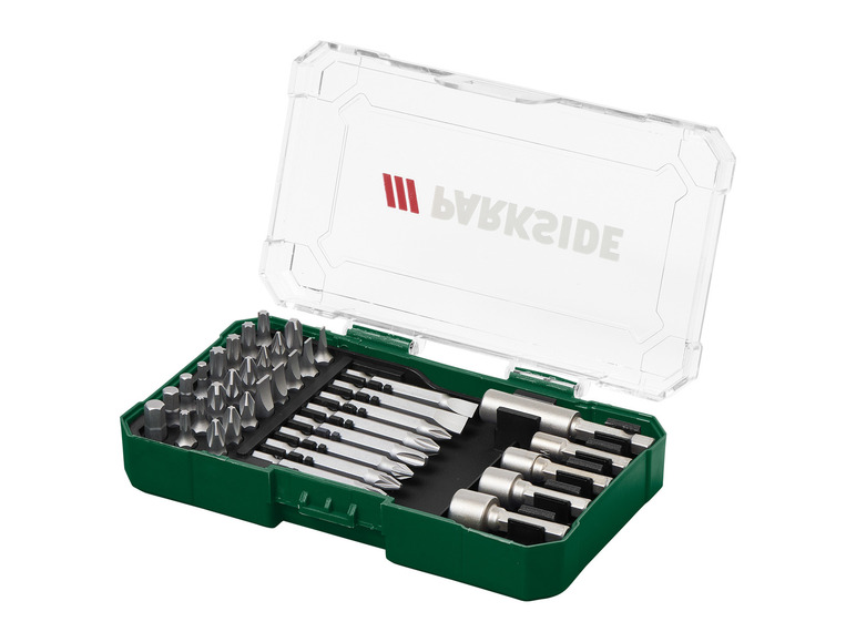 Een set schroevendraaierbitjes van Parkside in een groene koffer.