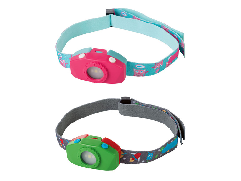 Twee kinderkoplampen met katten- en ruimtestationprint