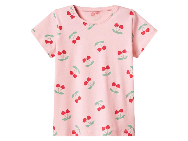 Roze T-shirt met korte mouwen en een print van rode kersen.