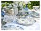 Buitentafel gedekt met blauw-wit servies met bloemen- en vogelpatroon, koekjes en drankjes.
