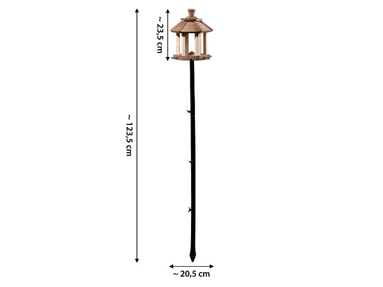 Vogelvoederhuisje op paal met afmetingen 23,5 cm (hoogte), 123,5 cm (paal) en 20,5 cm (breedte).