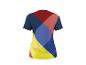 Dames T-shirt met korte mouwen en een geometrisch patroon in rood, blauw en geel.