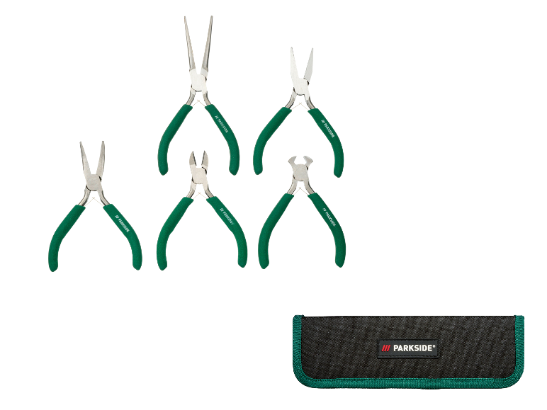 Set van vijf precisietangen met groene handvatten en een zwart etui.