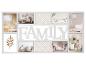 Witte fotolijst met meerdere openingen die 'FAMILY' spellen, met diverse interieurafbeeldingen.