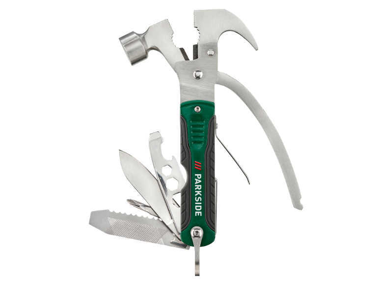 Multitool met hamer, tang en verschillende mesjes op een zwarte achtergrond