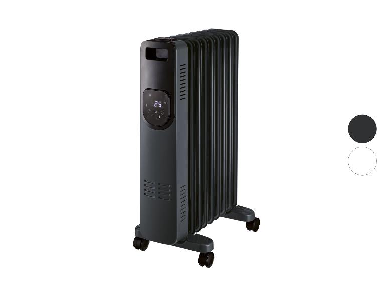 Donkergrijze olieradiator met digitaal display dat 25°C aangeeft.