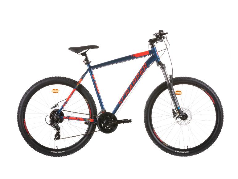 Blauwe en rode Scrapper mountainbike op een witte achtergrond.