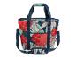 Koeltas met rood bloemen- en groen bladpatroon, met handvatten en schouderriem.