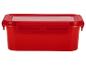 Rode rechthoekige voedselcontainer met transparant deksel en sluitclips