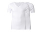Twee witte V-hals T-shirts met korte mouwen.