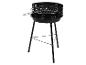 Zwarte houtskoolbarbecue op drie poten met rond rooster en handvat.