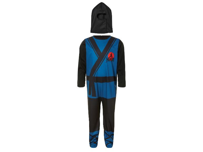 Een blauw en zwart ninja-kostuum met kap.