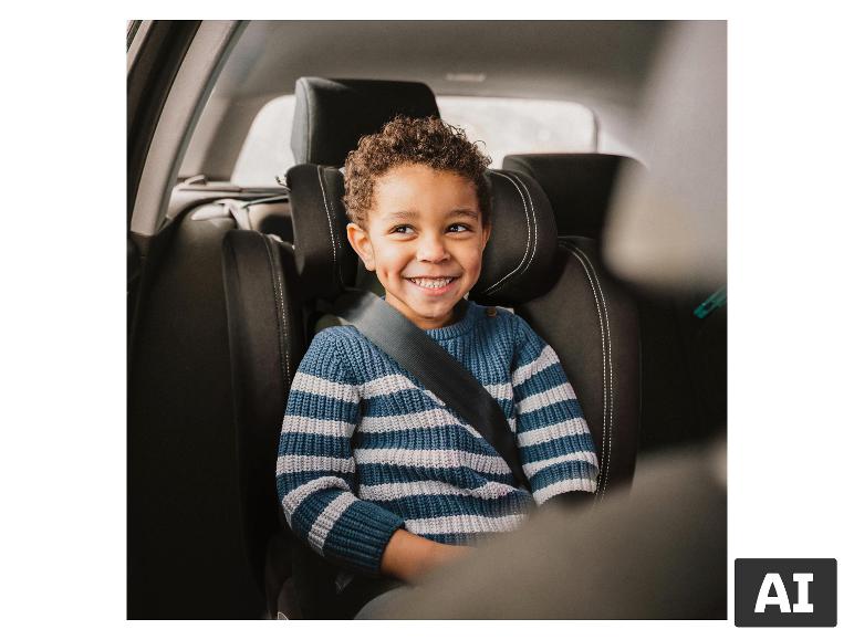 Glimmlachend kind in de auto, veilig vastgemaakt in het BABYGO Freemove I-Size autostoeltje. [AI-gegenereerde afbeelding]
