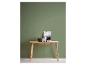 Houten consoletafel met fotolijst, plant en decoratieve items tegen een groene muur.