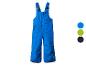 Blauwe kinder sneeuwbroek met verstelbare bandjes en een klein logo.
