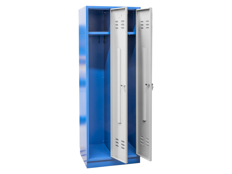 Een blauwe metalen locker met twee deuren.