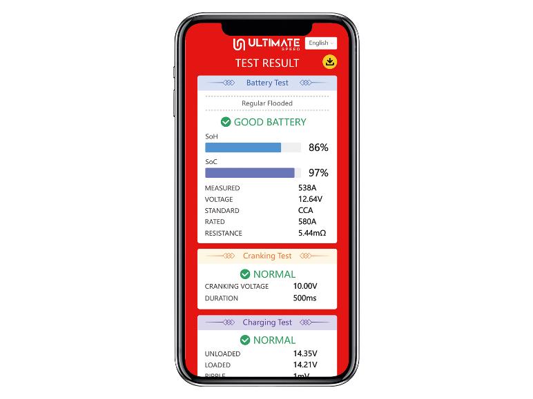 Smartphonescherm met batterij-, start- en laadtestresultaten met percentages en metingen.