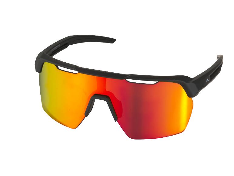 Sportzonnebril met zwart montuur en rood-oranje spiegelglazen.