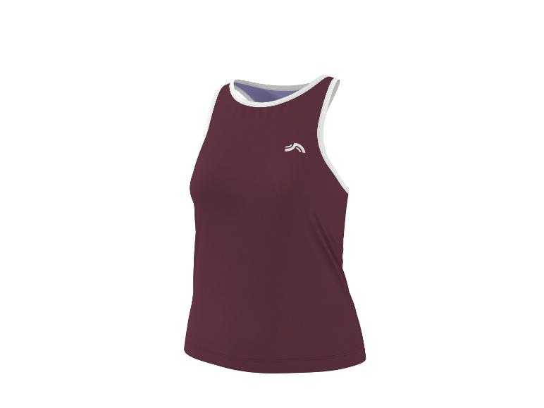 Bordeauxrood mouwloos sporttopje met witte bies en een klein wit logo.