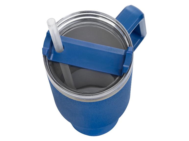 Blauwe thermosbeker met deksel en rietje.