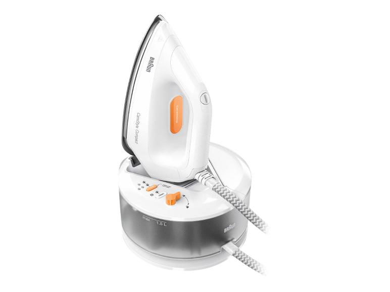 Braun CareStyle Compact strijksysteem in wit en grijs.