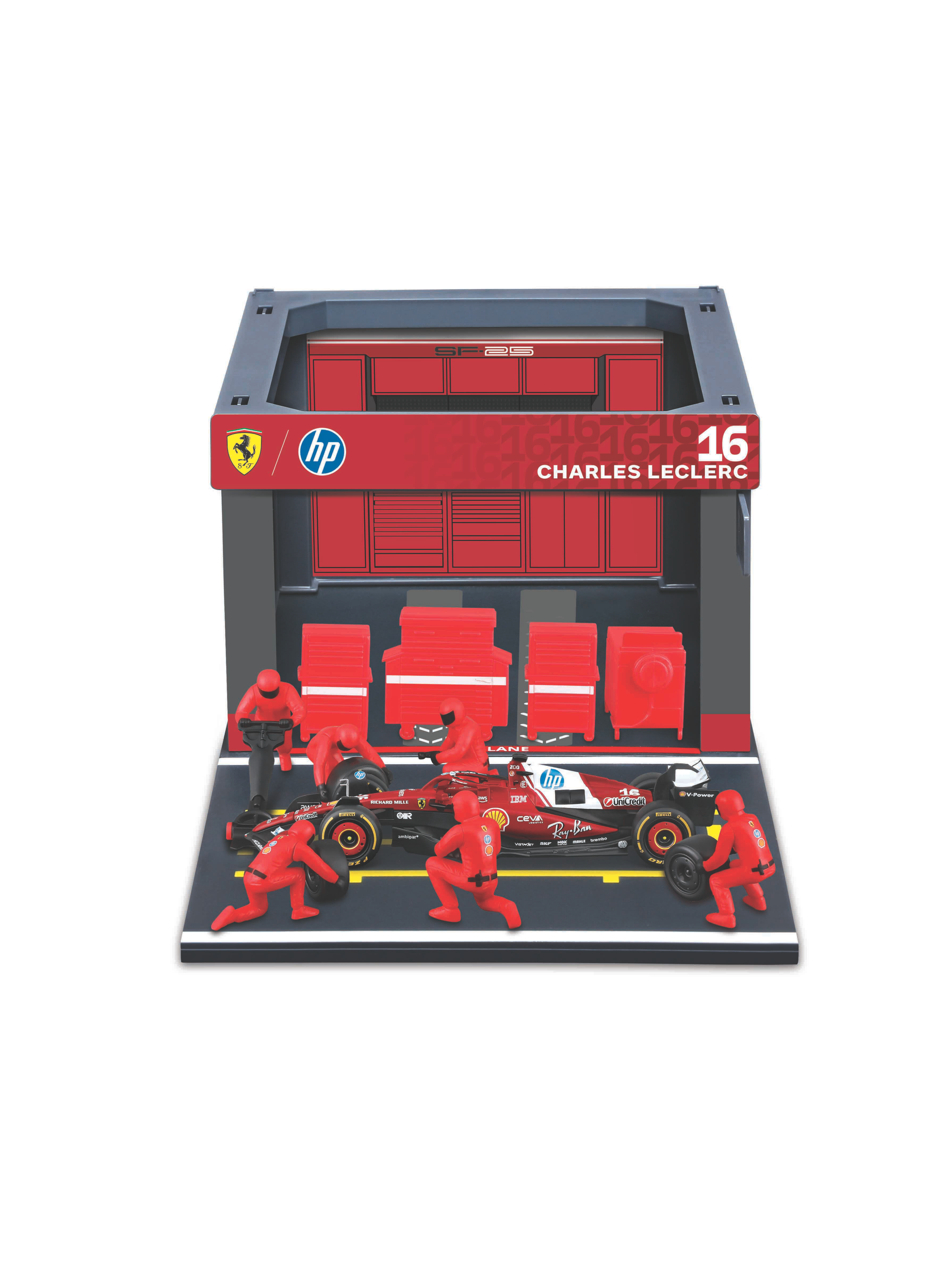 BBURAGO F1 Modelauto Pit Pass, 1:43 (Ferrari SF-25 #16 Leclerc '25)