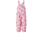 Roze waterdichte kinderoveral met blauw buitenaards figuur en bloemenprint.