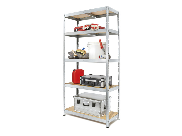 Een metalen rek met gereedschap, een jerrycan en opbergdozen.